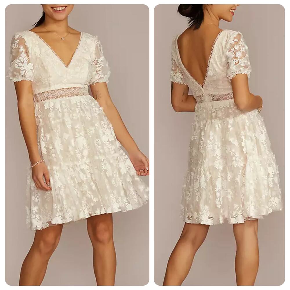 DB Studio 3D Floral Lace Mini V Neck Dress Women’s Size 14 Bride Wedding